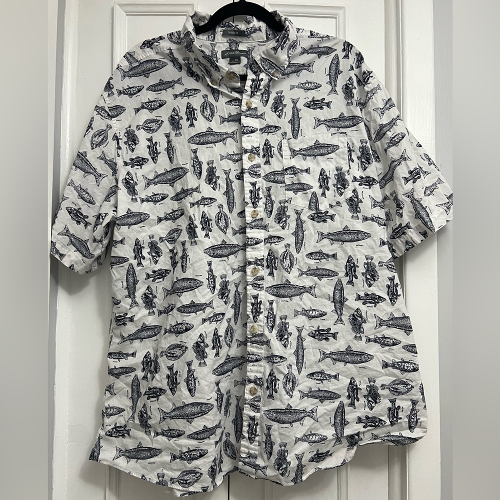 #078 Eddie Bauer White and Black Button Down Shirt with Soldier Print